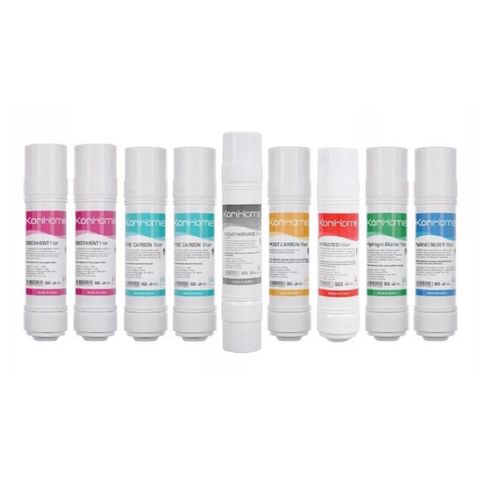 Bộ 9 Lõi Lọc Nước KORIHOME Chính Hãng - Thay Thế Cho Máy Lọc WPK-915, Bao Gồm Sediment, Pre Carbon, RO, Post Carbon, Hydrogen Alkaline, Nano Silver