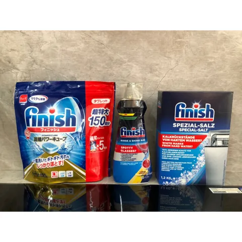 Sản Phẩm FINISH :150 VIÊN -1.2Kg MUỐI - 400ml BÓNG - Chuyên dùng cho các loại máy rửa chén:Bosch,Hafele,Malloca.Fagor...