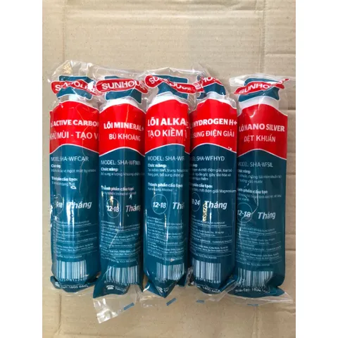 Bộ 5 Lõi Lọc Nước SUNHOUSE - Than Hoạt Tính, Đá Khoáng, Tạo Kiềm, Hydro, Nano Bạc - Sức Khỏe An Toàn Cho Gia Đình