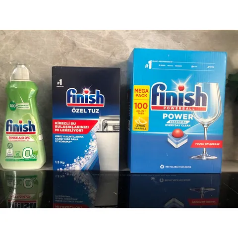 Bộ 3 Sản Phẩm FINISH - Viên Rửa Bát 100 Viên, Muối Rửa 1,2 KG, Nước Bóng 400ML - Dụng Cụ Vệ Sinh Chén Đĩa Hàng Chính Hãng