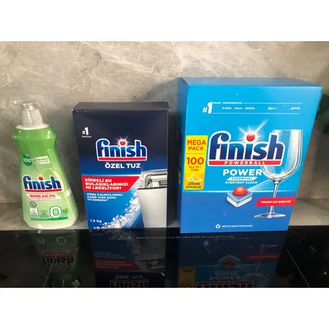 Bộ 3 Sản Phẩm FINISH - Viên Rửa Bát 100 Viên, Muối Rửa 1,2 KG, Nước Bóng 400ML - Dụng Cụ Vệ Sinh Chén Đĩa Hàng Chính Hãng