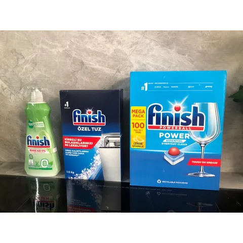 Bộ 3 Sản Phẩm FINISH - Viên Rửa Bát 100 Viên, Muối Rửa 1,2 KG, Nước Bóng 400ML - Dụng Cụ Vệ Sinh Chén Đĩa Hàng Chính Hãng