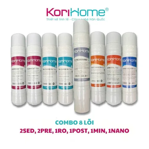 Bộ 8 Lõi Lọc Nước KORIHOME Chính Hãng - Thay Thế Model WPK-606 - Bao Gồm Lõi Sediment, Pre Carbon, RO, Post Carbon, Nano Silver, Mineral