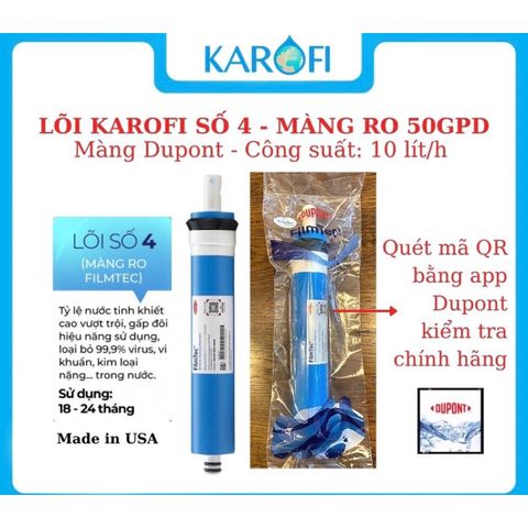 Lõi Lọc Nước Số 4 KAROFI - Màng RO DUPONT Chính Hãng, Lọc Sạch Vi Khuẩn và Gai Mỡ, Nguồn Nước Tinh Khiết, Tuổi Thọ 18-24 Tháng