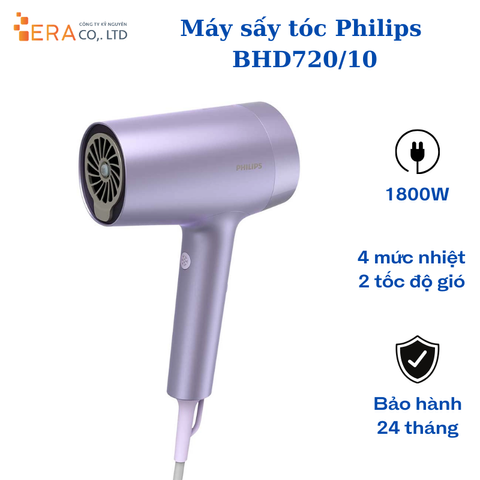 Máy Sấy Tóc Philips BHD720/10 - Công Nghệ Ion Hóa Bảo Vệ Tóc, Sấy Nhanh 1800W, Thiết Kế Sang Trọng Màu Tím, Tóc Bóng Khỏe Như Salon