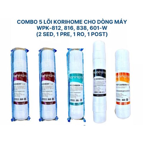 Bộ 5 Lõi Lọc Nước KORIHOME Chính Hãng - Giúp Loại Bỏ Virus, Vi Khuẩn - Phù Hợp Với Các Máy Lọc Koriihome WPK-812, WPK-816, WPK-838, WPK-601-W