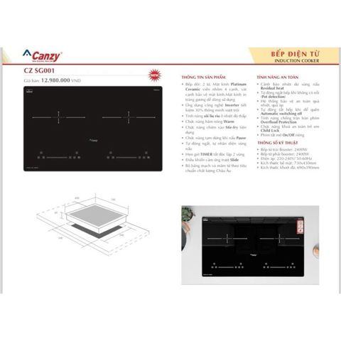 Bếp Từ CANZY CZ-SG001 - Bếp Đôi Inverter Tiết Kiệm Điện, Mặt Kính Platinum Ceramic, Chức Năng Thông Minh, Hàng Chính Hãng