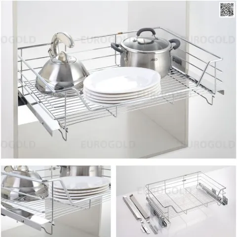 Giá xoong nồi Eurogold inox 304 âm tủ - Ray giảm chấn, khay hứng nước nhựa, thiết kế sang trọng, tiện lợi cho nhà bếp