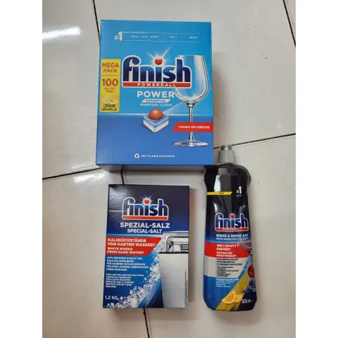 Bộ Sản Phẩm Rửa Bát FINISH - Hộp 100 Viên, Muối 1,2kg & Nước Làm Bóng 800ml - Giúp Chén Đĩa Sáng Bóng, Bảo Vệ Máy Rửa Bát