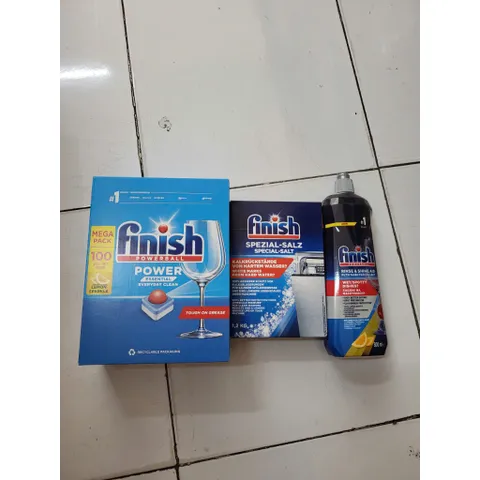 Bộ Sản Phẩm Rửa Bát FINISH - Hộp 100 Viên, Muối 1,2kg & Nước Làm Bóng 800ml - Giúp Chén Đĩa Sáng Bóng, Bảo Vệ Máy Rửa Bát