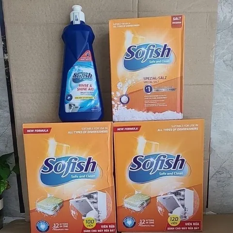 Bộ Combo 3 Sản Phẩm Sofish: Viên Rửa Chén, Nước Làm Bóng & Muối - Dùng Cho Máy Rửa Bát, Sạch Sâu & An Toàn
