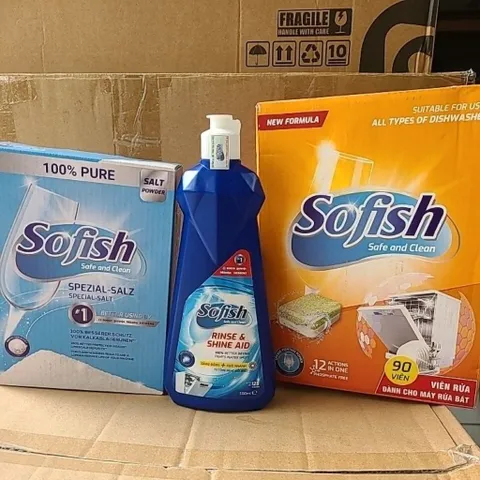 Bộ Combo 3 Sản Phẩm Sofish: Viên Rửa Chén, Nước Làm Bóng & Muối - Dùng Cho Máy Rửa Bát, Sạch Sâu & An Toàn