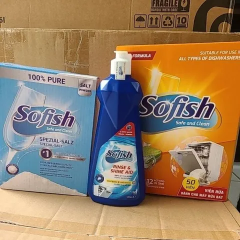 Bộ Combo 3 Sản Phẩm Sofish: Viên Rửa Chén, Nước Làm Bóng & Muối - Dùng Cho Máy Rửa Bát, Sạch Sâu & An Toàn