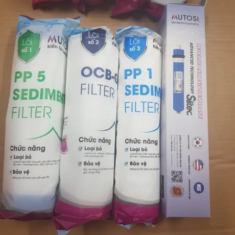 Bộ 9 lõi lọc nước Motusi - Lõi 123 thường cho máy lọc nước, bao gồm lõi PP, OCB-GAC, RO, T33, hồng ngoại, khoáng chất và kiềm.