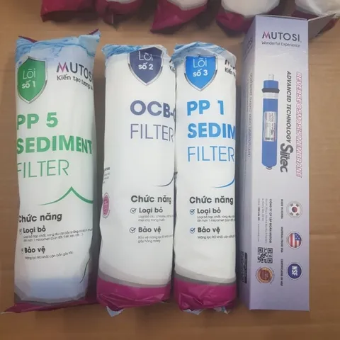 Bộ 9 lõi lọc nước Motusi - Lõi 123 thường cho máy lọc nước, bao gồm lõi PP, OCB-GAC, RO, T33, hồng ngoại, khoáng chất và kiềm.