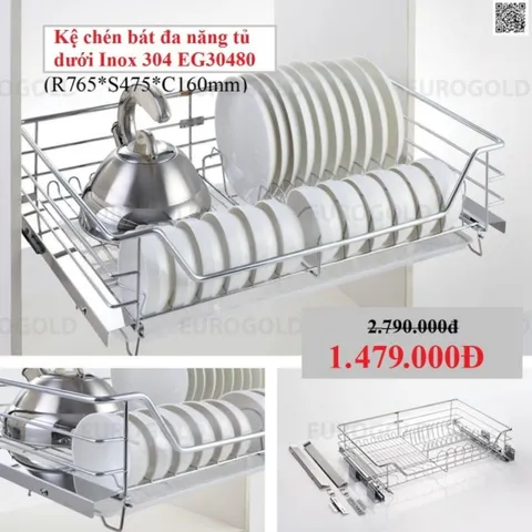 Kệ chén bát EUROGOLD inox 304 nan tròn, kệ chén bát đa năng tủ bếp dưới