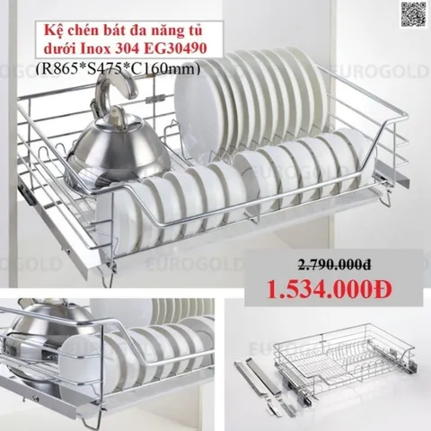 Kệ chén bát EUROGOLD inox 304 nan tròn, kệ chén bát đa năng tủ bếp dưới