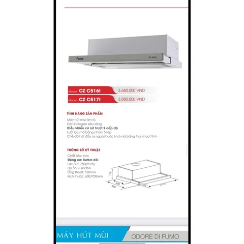 Máy Hút Mùi Âm Tủ Canzy CZ-C516I - Thiết Kế Hiện Đại, Sang Trọng, Công Suất 200W, Khử Mùi Than Hoạt Tính, Bảo Hành 3 Năm