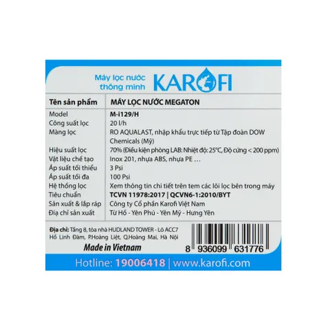 Máy lọc nước Karofi thông minh Megaton M-I129/H - Hàng Trưng Bày chưa qua sử dụng