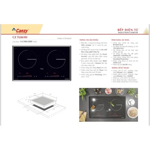 Bếp từ đôi Canzy CZ-TL869D nhập khẩu Thái Lan, có đun liu riu