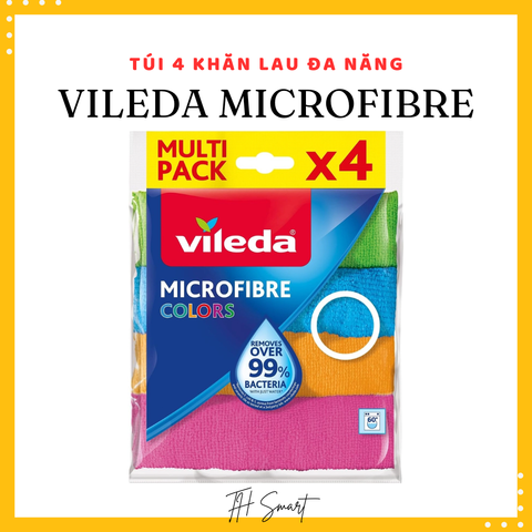 Túi 4 Khăn Lau Đa Năng VILEDA Microfibre Mềm Mại Giúp Lau Sạch Hiệu Quả - Bộ Khăn Nhiều Màu Sắc 30x30cm
