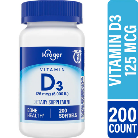 Viên Uống Vitamin D3 125mcg (5000IU) Kroger - Hỗ Trợ Sức Khỏe Xương & Hấp Thụ Canxi, 200 Viên, Mỹ