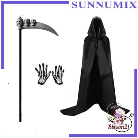 Bộ Hóa Trang Thần Chết 4 Món - Áo Choàng, Mặt Nạ, Lưỡi Hái & Găng Tay Cho Halloween - Thời Trang Kinh Dị Cho Trẻ Em