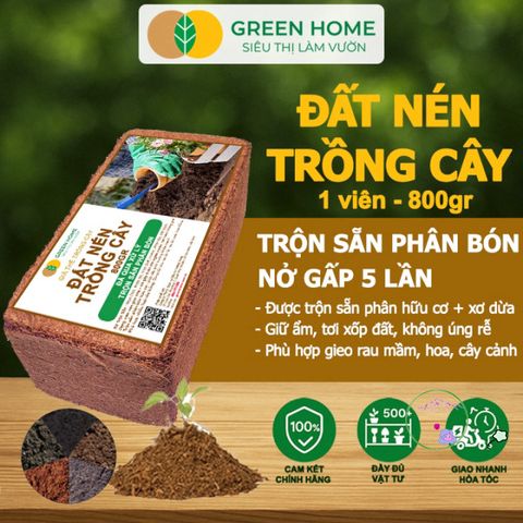 Đất Nén Hữu Cơ GreenHome 800gr - Viên Nén Phân Bón Tăng Trưởng Rau Hoa, Nở Gấp 5 Lần, Tiện Lợi, Tái Sử Dụng