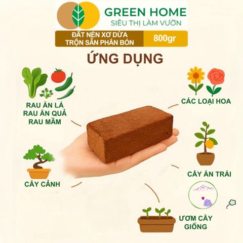 Đất Nén Hữu Cơ GreenHome 800gr - Viên Nén Phân Bón Tăng Trưởng Rau Hoa, Nở Gấp 5 Lần, Tiện Lợi, Tái Sử Dụng