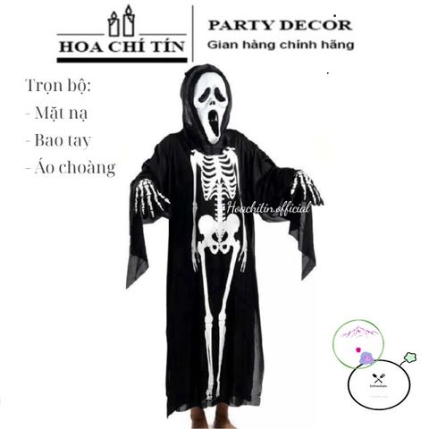 Áo Choàng Ma Quái Vòng Xương - Bộ Hóa Trang Halloween Kèm Găng Tay & Mặt Nạ Kinh Dị - Trang Phục Cosplay Nữ