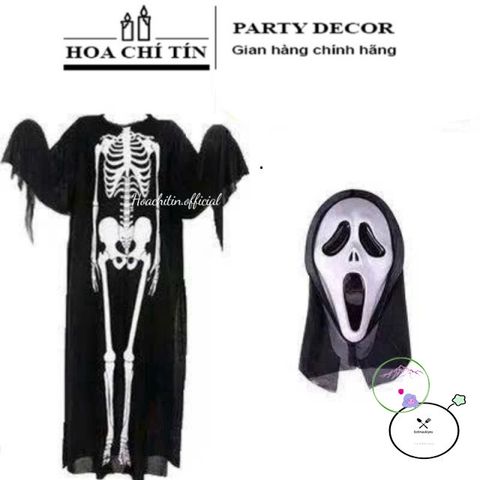 Áo Choàng Ma Quái Vòng Xương - Bộ Hóa Trang Halloween Kèm Găng Tay & Mặt Nạ Kinh Dị - Trang Phục Cosplay Nữ