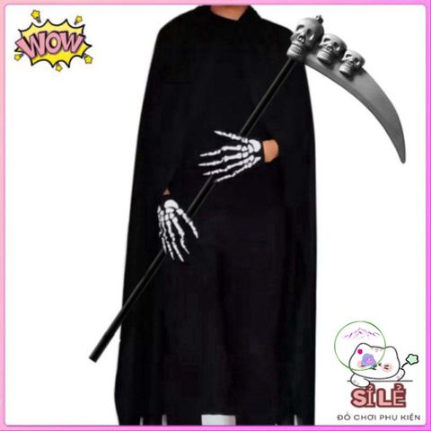 Bộ Trang Phục Halloween Thần Chết 3 Món - Áo Choàng và Găng Tay Hình Xương, Phong Cách Kinh Dị Hấp Dẫn cho Tiệc Hóa Trang
