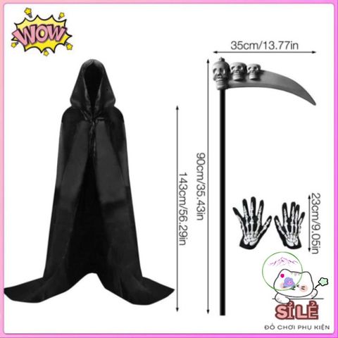 Bộ Trang Phục Halloween Thần Chết 3 Món - Áo Choàng và Găng Tay Hình Xương, Phong Cách Kinh Dị Hấp Dẫn cho Tiệc Hóa Trang