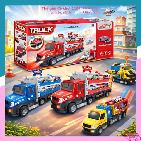 Xe Tải Chở Xe 2 Tầng Kèm Đường Đua Bệ Phóng - Đồ Chơi Ô Tô Có Đèn LED & Âm Thanh Cho Bé 3 Tuổi Trở Lên