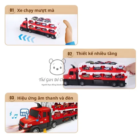 Xe Tải Chở Xe 2 Tầng Kèm Đường Đua Bệ Phóng - Đồ Chơi Ô Tô Có Đèn LED & Âm Thanh Cho Bé 3 Tuổi Trở Lên