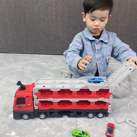 Xe Tải Chở Xe 2 Tầng Kèm Đường Đua Bệ Phóng - Đồ Chơi Ô Tô Có Đèn LED & Âm Thanh Cho Bé 3 Tuổi Trở Lên