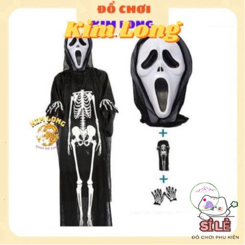 Bộ Đồ Hóa Trang Halloween 3 Món - Áo Choàng Nón, Găng Tay, Mặt Nạ Bộ Xương Cho Trẻ Em và Người Lớn - Thời Trang Ma Mị Chất Lượng Cao