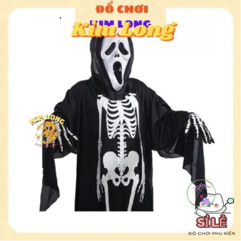 Bộ Đồ Hóa Trang Halloween 3 Món - Áo Choàng Nón, Găng Tay, Mặt Nạ Bộ Xương Cho Trẻ Em và Người Lớn - Thời Trang Ma Mị Chất Lượng Cao