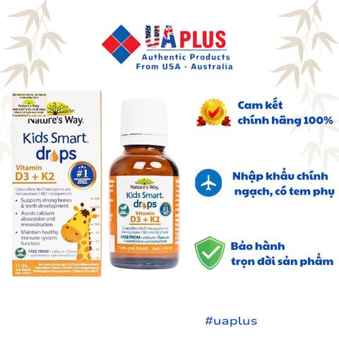 Vitamin D3 + K2 Nature's Way Kids Smart Drops - Hỗ Trợ Hấp Thụ Canxi, Tăng Cường Sức Khỏe Xương và Răng (11ml)