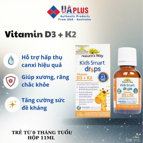 Vitamin D3 + K2 Nature's Way Kids Smart Drops - Hỗ Trợ Hấp Thụ Canxi, Tăng Cường Sức Khỏe Xương và Răng (11ml)