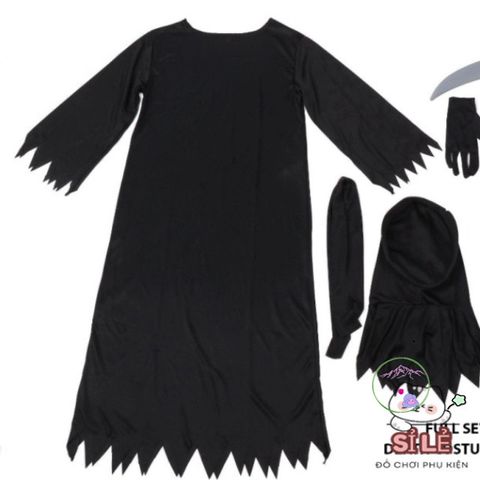 Bộ trang phục Hades Thiên Thần Chết cho trẻ em - Halloween Kỳ Bí với Mũ và Lưỡi Hái, Size L/XL, Phong Cách Cosplay Nghệ Thuật