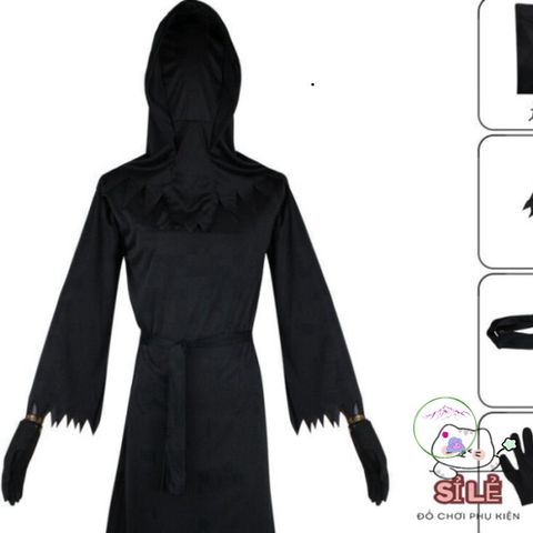 Bộ trang phục Hades Thiên Thần Chết cho trẻ em - Halloween Kỳ Bí với Mũ và Lưỡi Hái, Size L/XL, Phong Cách Cosplay Nghệ Thuật