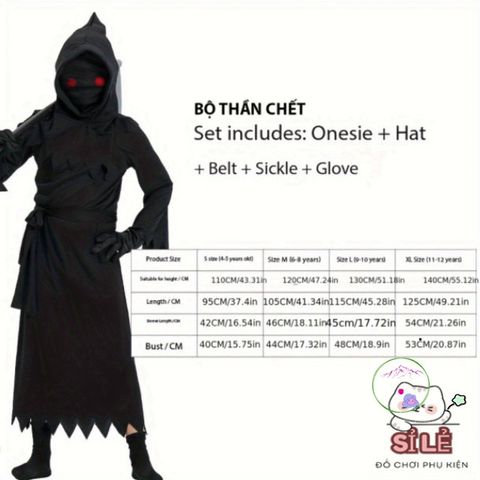 Bộ trang phục Hades Thiên Thần Chết cho trẻ em - Halloween Kỳ Bí với Mũ và Lưỡi Hái, Size L/XL, Phong Cách Cosplay Nghệ Thuật