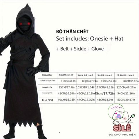 Bộ trang phục Hades Thiên Thần Chết cho trẻ em - Halloween Kỳ Bí với Mũ và Lưỡi Hái, Size L/XL, Phong Cách Cosplay Nghệ Thuật
