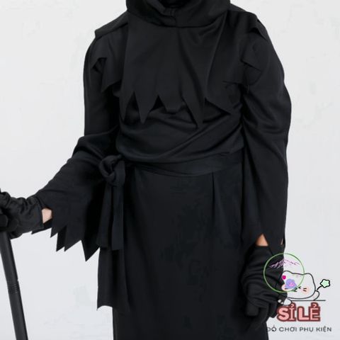 Bộ trang phục Hades Thiên Thần Chết cho trẻ em - Halloween Kỳ Bí với Mũ và Lưỡi Hái, Size L/XL, Phong Cách Cosplay Nghệ Thuật
