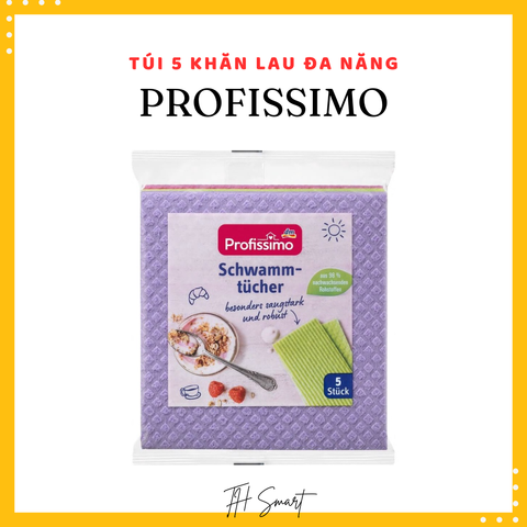 Túi 5 Khăn Lau Đa Năng PROFISSIMO Không Xổ Lông - Bọt Biển Thấm Hút Xuất Xứ Đức, Dễ Dàng Lau Sạch Vết Bẩn Cứng Đầu