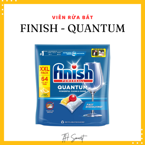 Viên Rửa Bát FINISH Quantum 12 Chức Năng Túi 64 Viên - Sạch Sâu, Bóng Đẹp, Hương Tươi Mát, Tiện Lợi Cho Máy Rửa Bát