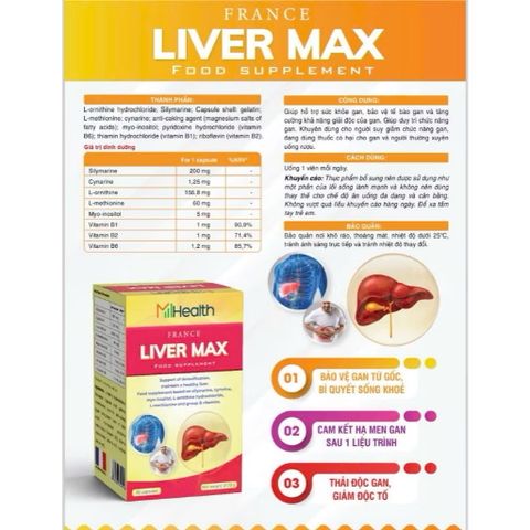 Viên uống bổ gan Mhealth LIVER MAX - Nhập khẩu Pháp, Giải độc gan, Hỗ trợ hạ men gan, Tăng cường sức đề kháng - Hộp 30 viên