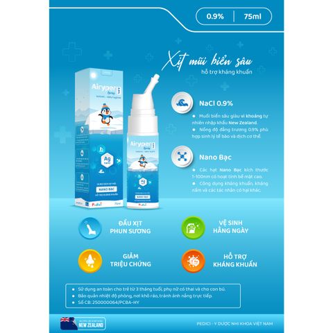 Xịt mũi Airyper Spray 0.9% - Kháng khuẩn Nano Bạc - Vệ sinh mũi cho trẻ em và người lớn - 75ml
