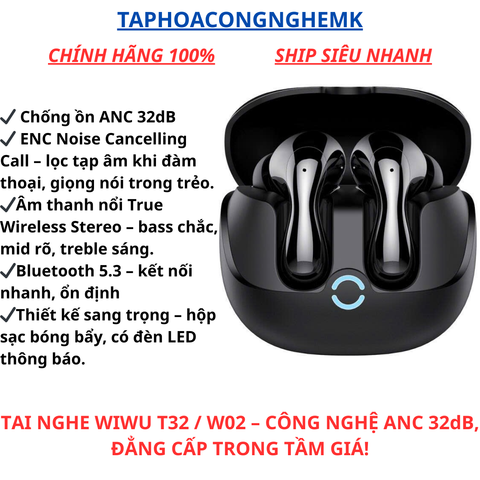 Tai Nghe Không Dây Wiwu T32/W02 - Chống Ồn ANC, Thiết Kế Sang Trọng, Âm Thanh Tuyệt Vời, Pin Trâu 40 Giờ, Bluetooth 5.3